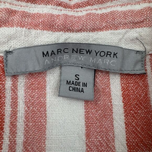 Marc New York Red White Striped Ruffle Sleeve Belted Button Shirt Top S Linen - Picture 3 of 8